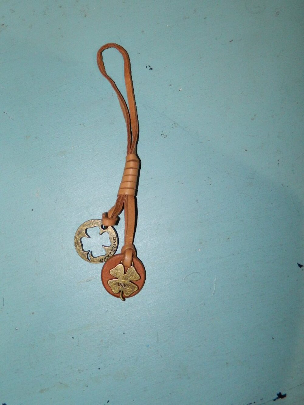 Vintage Lucky Brand Purse Fob Leather Brass Clover Charm